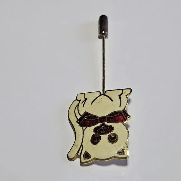 Vintage Gold Tone White Cloisonne Cat With Red Bow Stick Pin Lapel Hat - Picture 9 of 10